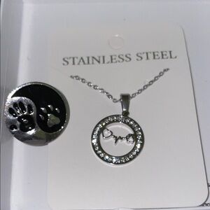 Silver Paw Print Necklace and Pin Set